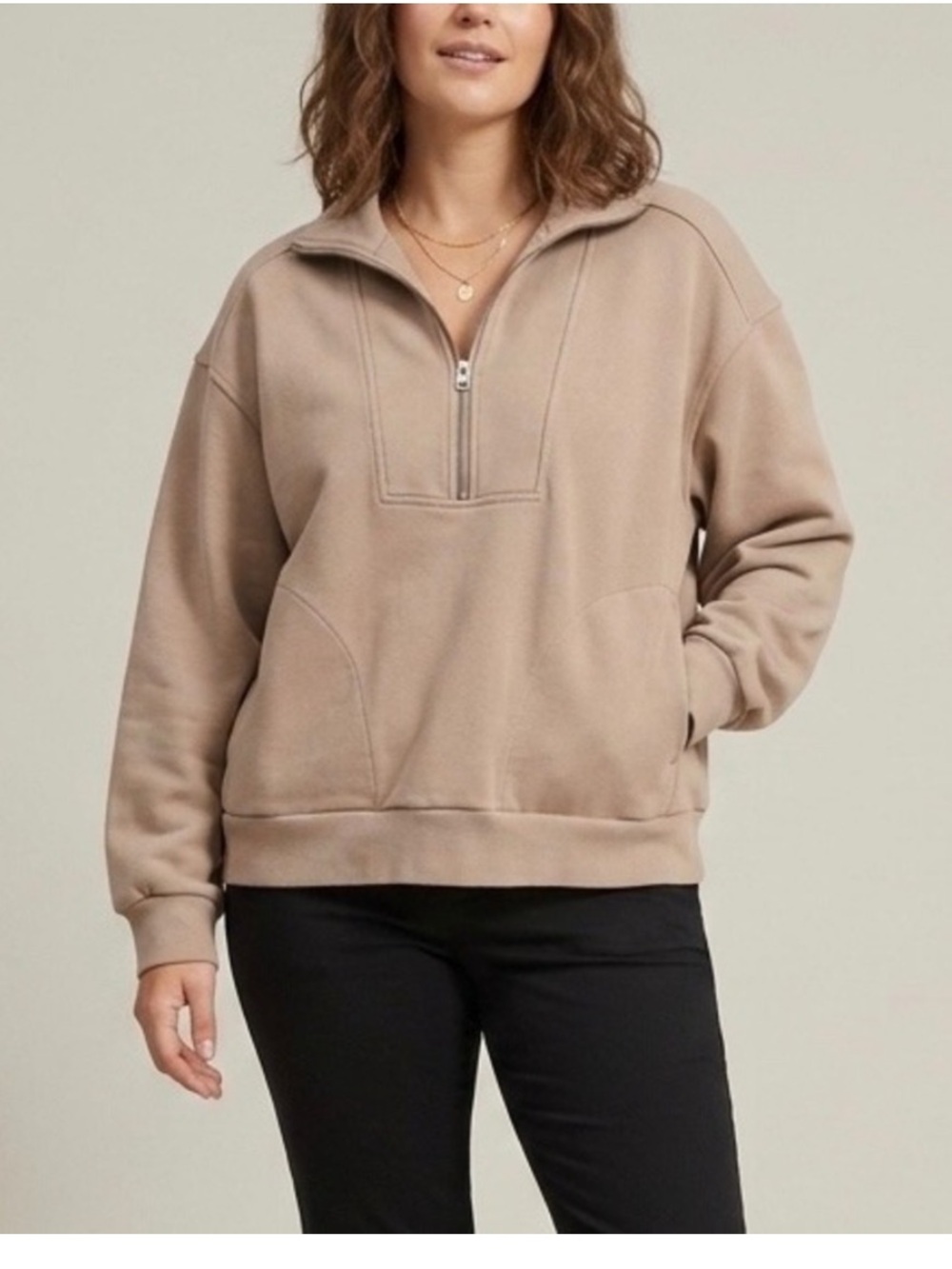 Everlane The Track Half Zip Pullover Long Sleeve Sweatshirt Tan Beige Sz XXS